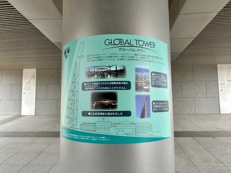 柱に貼られたグローバルタワーの説明文