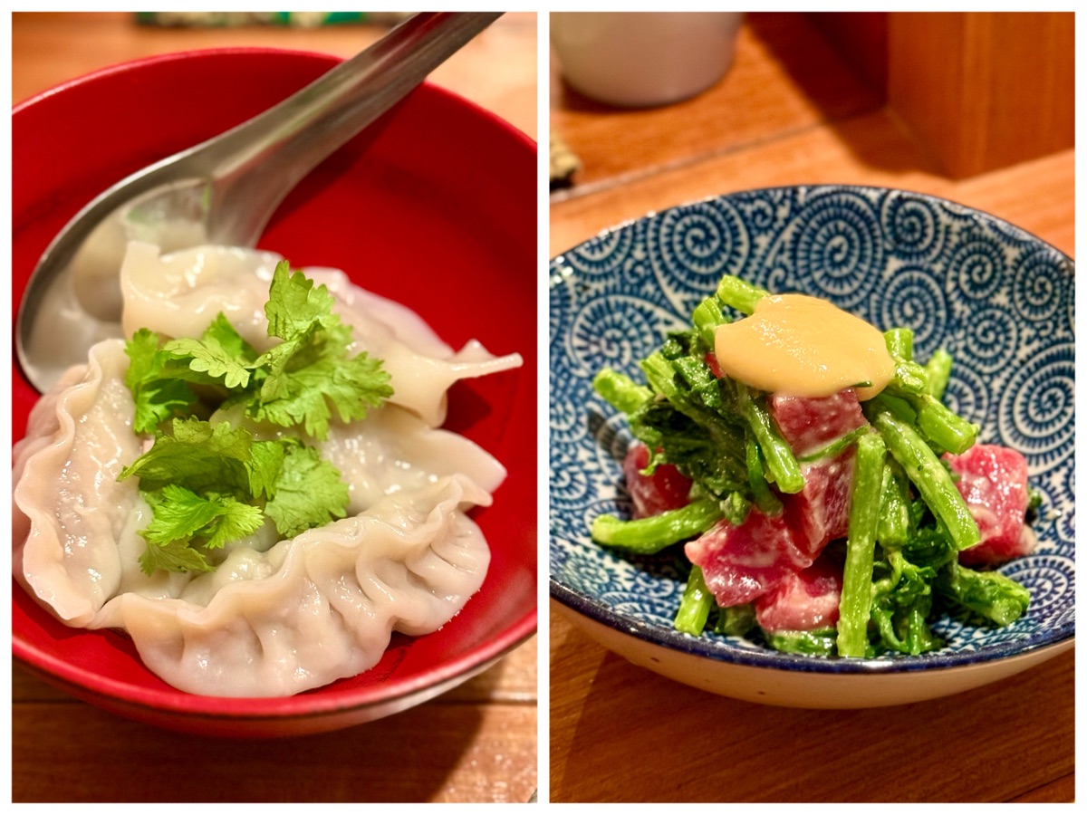 町屋あかりやの料理
（左）ラム肉のスパイシー水餃子
（右）本まぐろと春菊のぬた