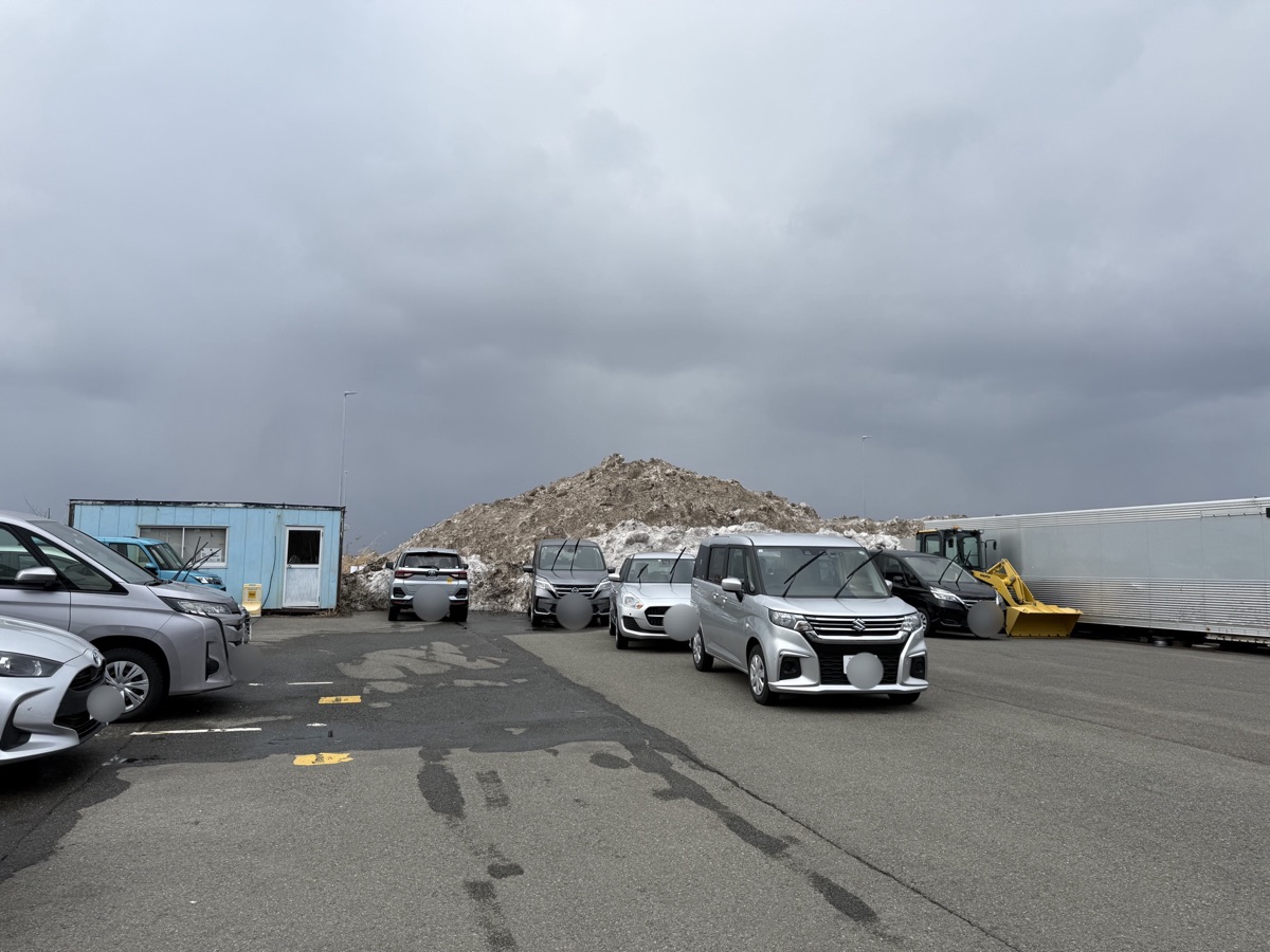 秋田空港近くのレンタカー屋さんにあった雪の山