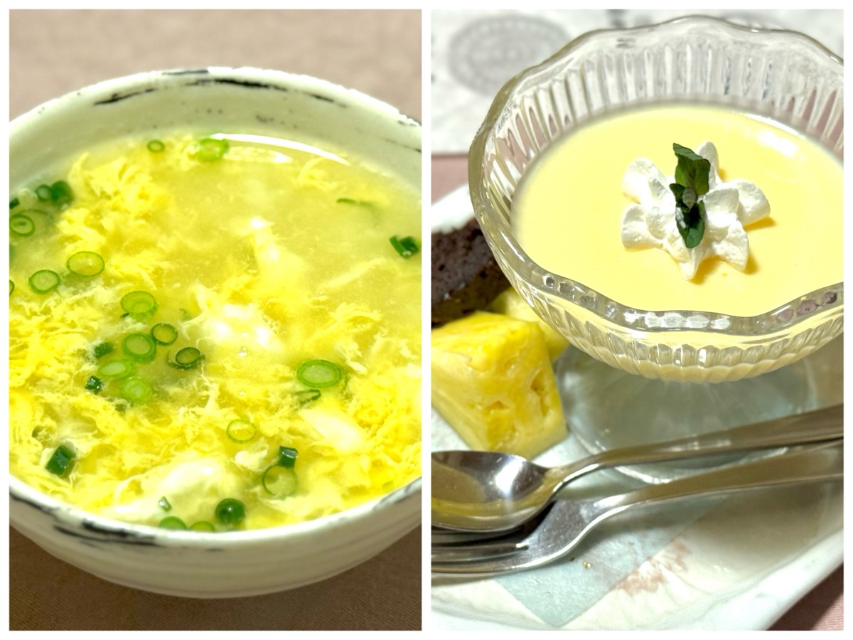 （左）雑炊 （右）自家製プリン