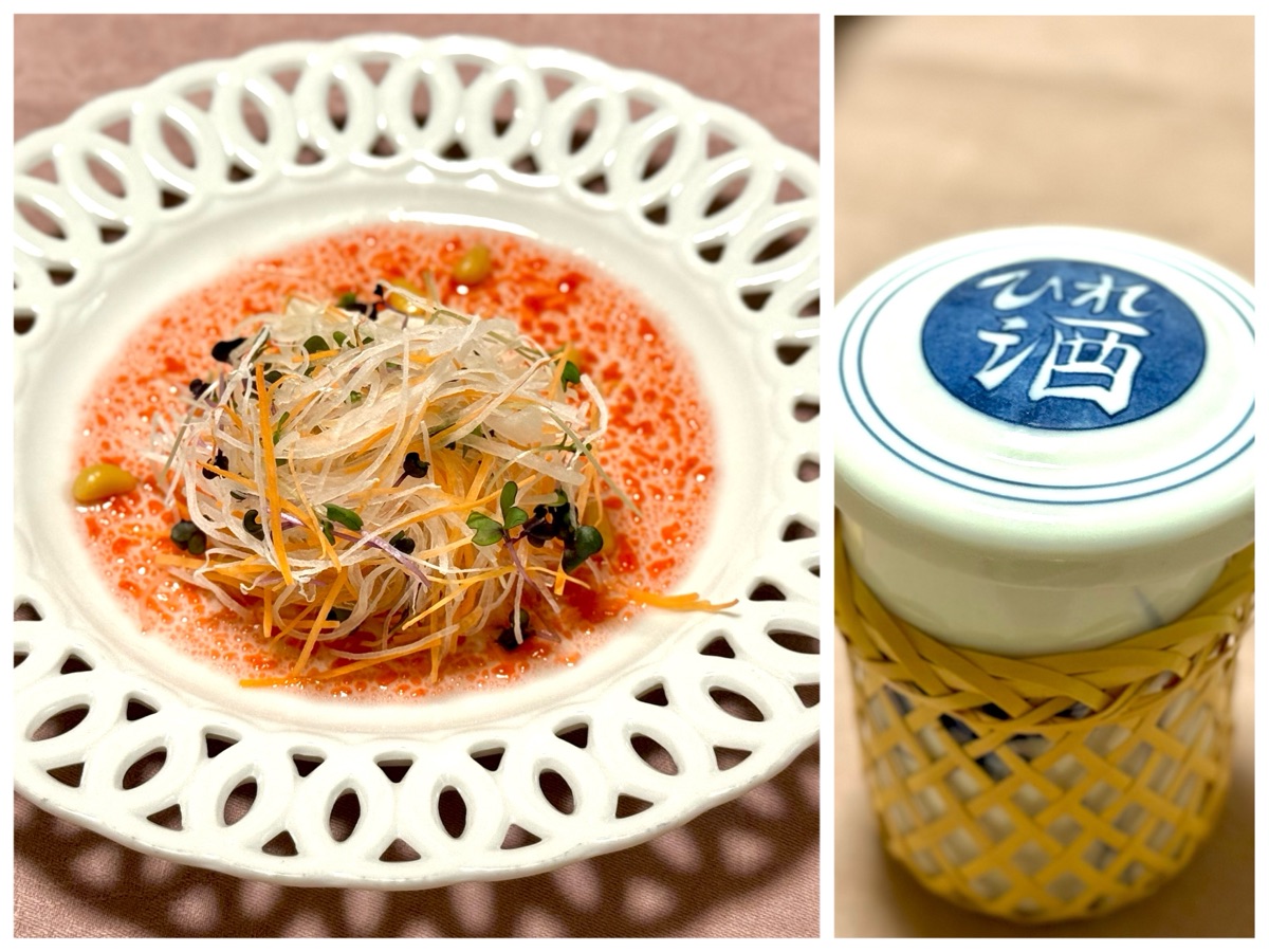 （左）河豚叩きサラダ （右）河豚ヒレ酒