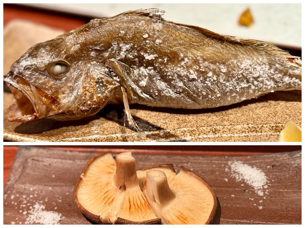 とっぴんぱらりのぷ
（上）イシモチを囲炉裏で焼いたもの
（下）由利本荘産のしいたけを囲炉裏で焼いたもの