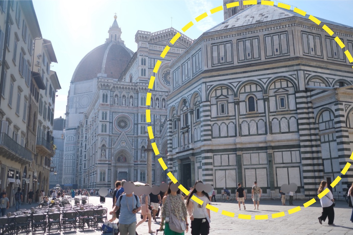 サンタ・マリア・デル・フィオーレ大聖堂とサン・ジョヴァンニ洗礼堂
サン・ジョヴァンニ洗礼堂を黄色点線で囲んでいる