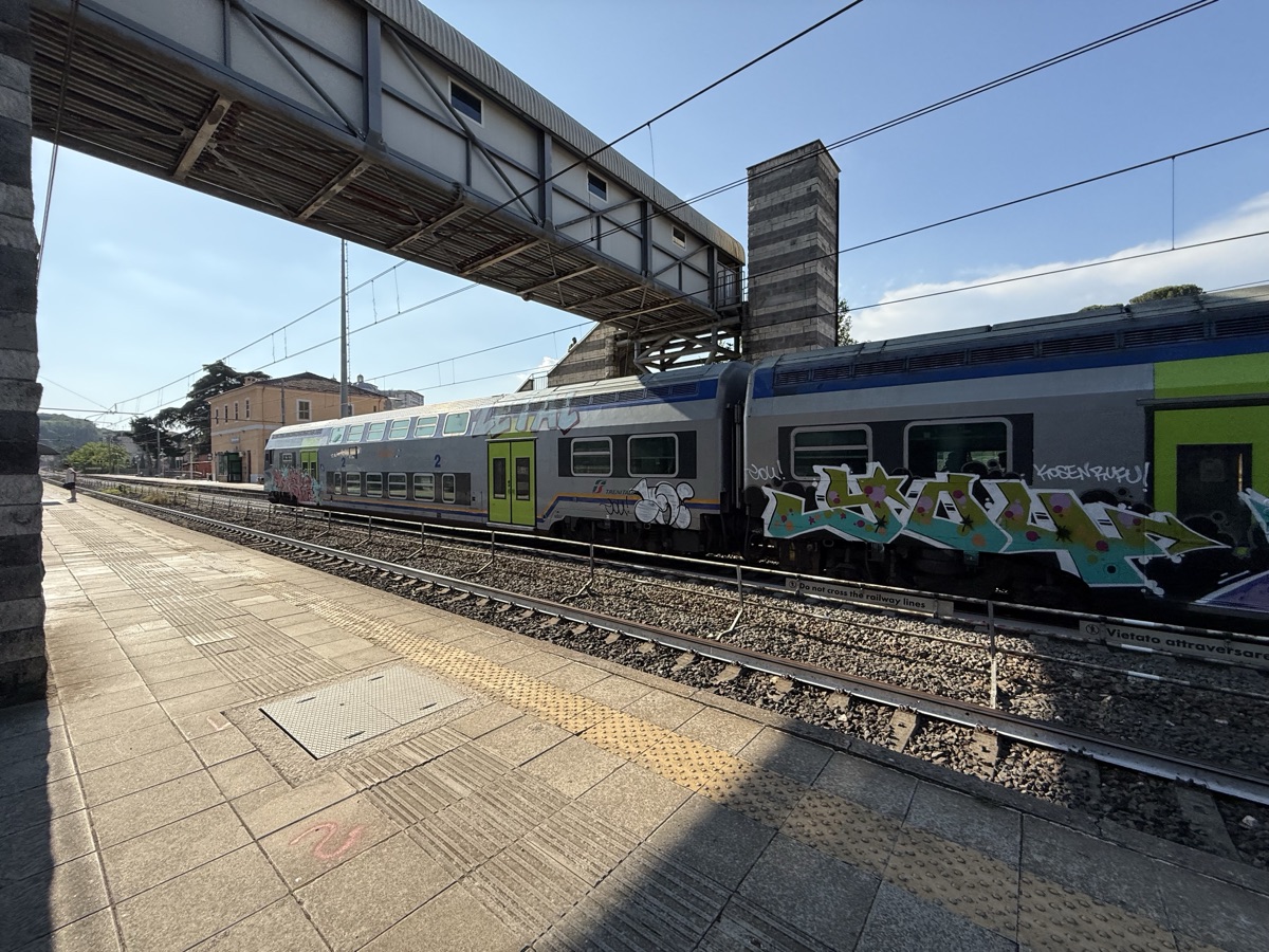 ヴァルモントーネ駅の通路と落書きされた車両