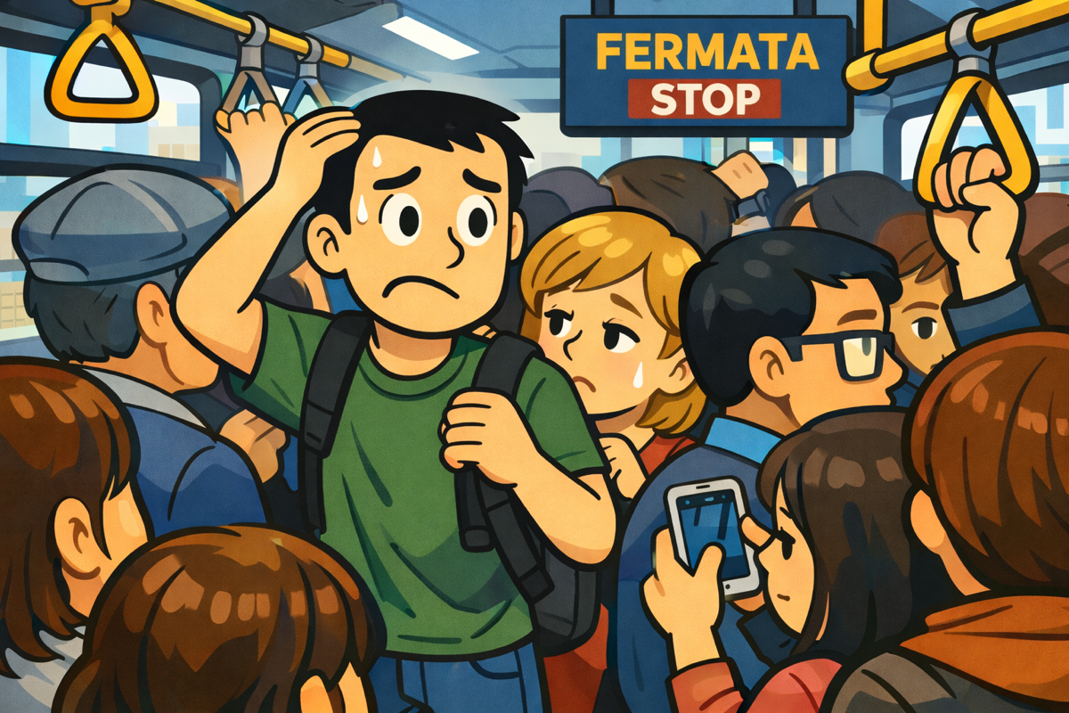 混雑する路線バスの車内を再現したイラスト