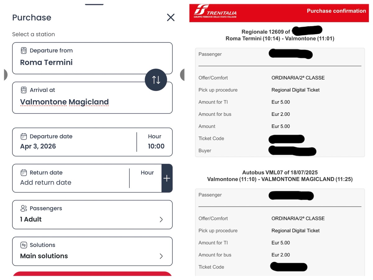 スクリーンショット
（左）トレニタリアの検索画面イメージ （右）実際に購入したチケット 上が鉄道 下がバス
