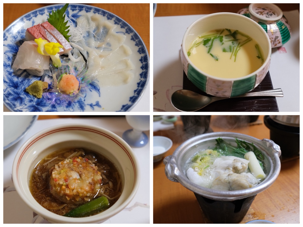 湯田温泉ユウベルホテル松政の夕食
お造り、茶碗蒸し、椀もの、てっちり