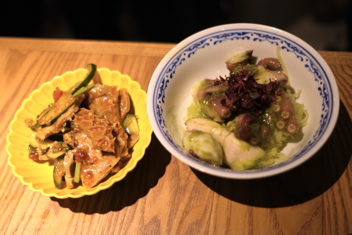 (左)牛ハチノスと豚タン麻辣和え
(右)タコとそうめんかぼちャのネギソース