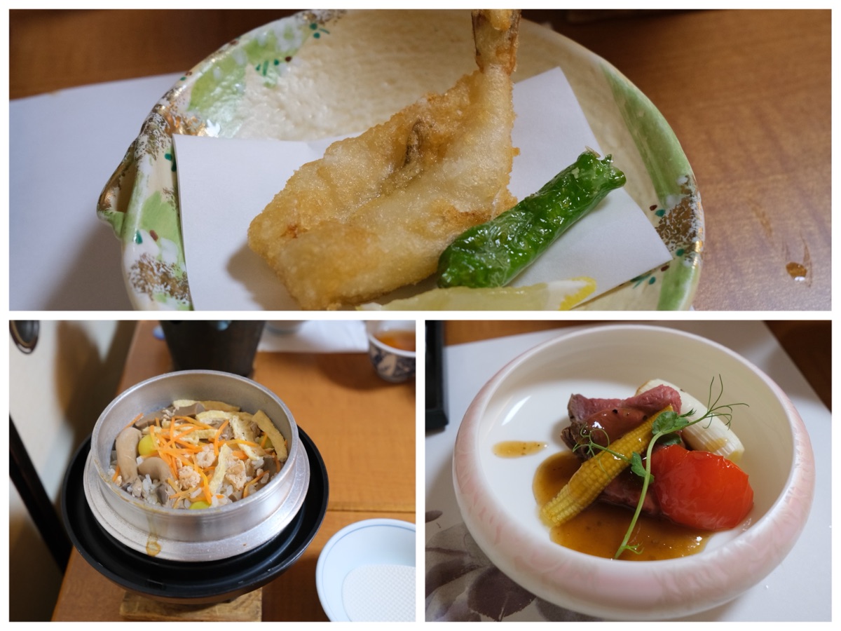 湯田温泉ユウベルホテル松政の夕食
ふぐの唐揚げ、炊き込みご飯、ローストビーフ
